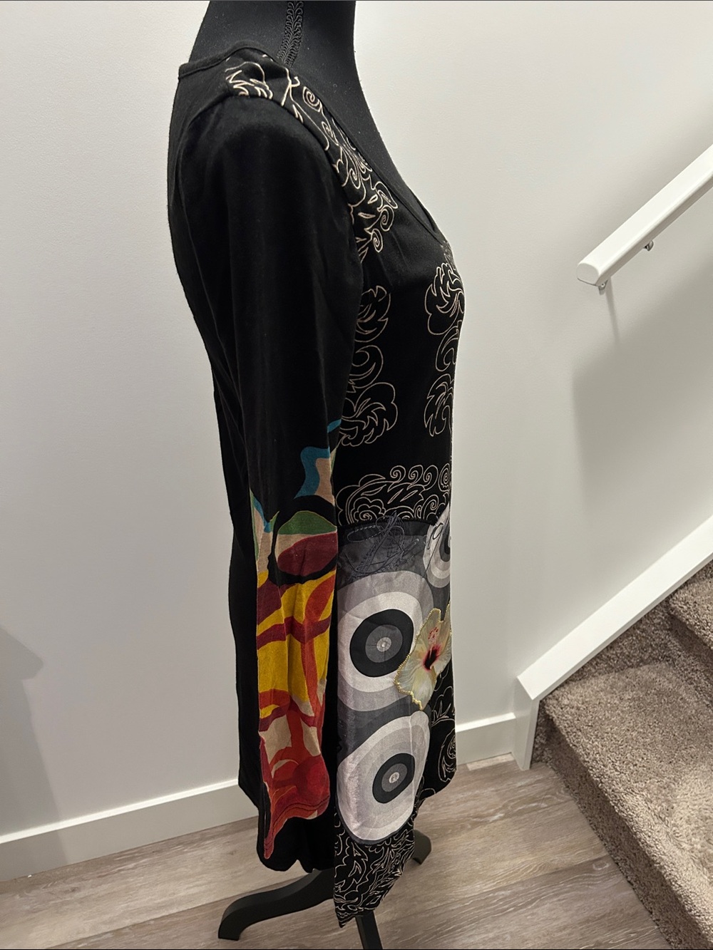 Desigual Black Long-Sleeve Floral & Ornate Print Dress Size M - Picture 2 of 5